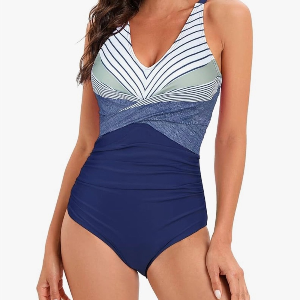 Women’s Striped Colorblock One-Piece Swimsuit - Size Large